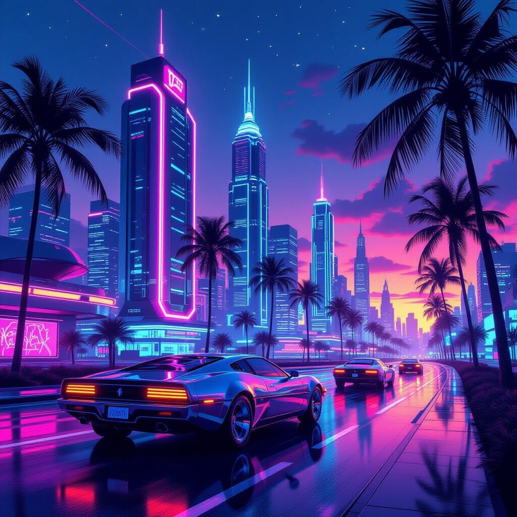 Neon Cityscape in Synthwave Style at Dusk