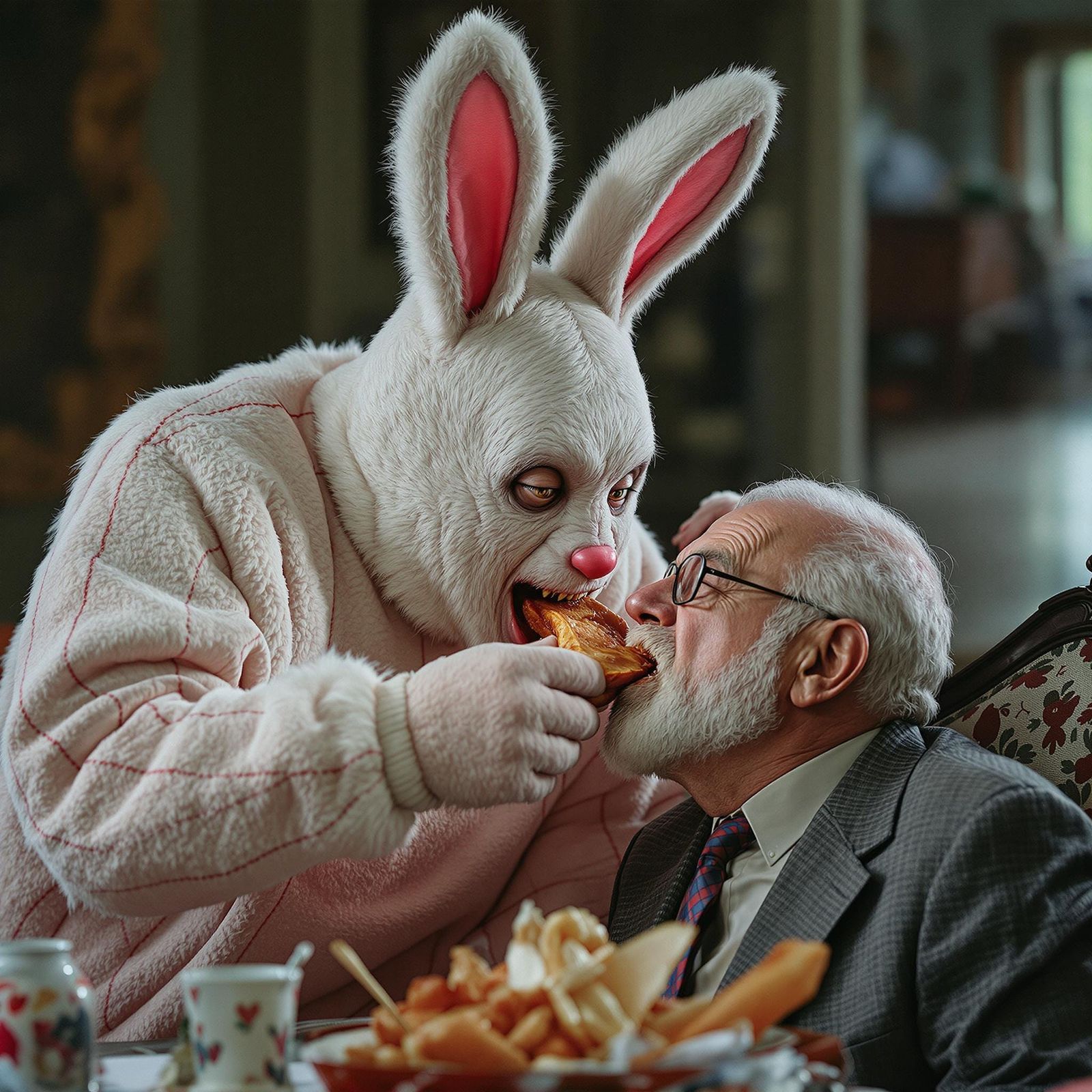 The Giant Man In the Bunny Suit Shares a Tender Morsel With Grandpa