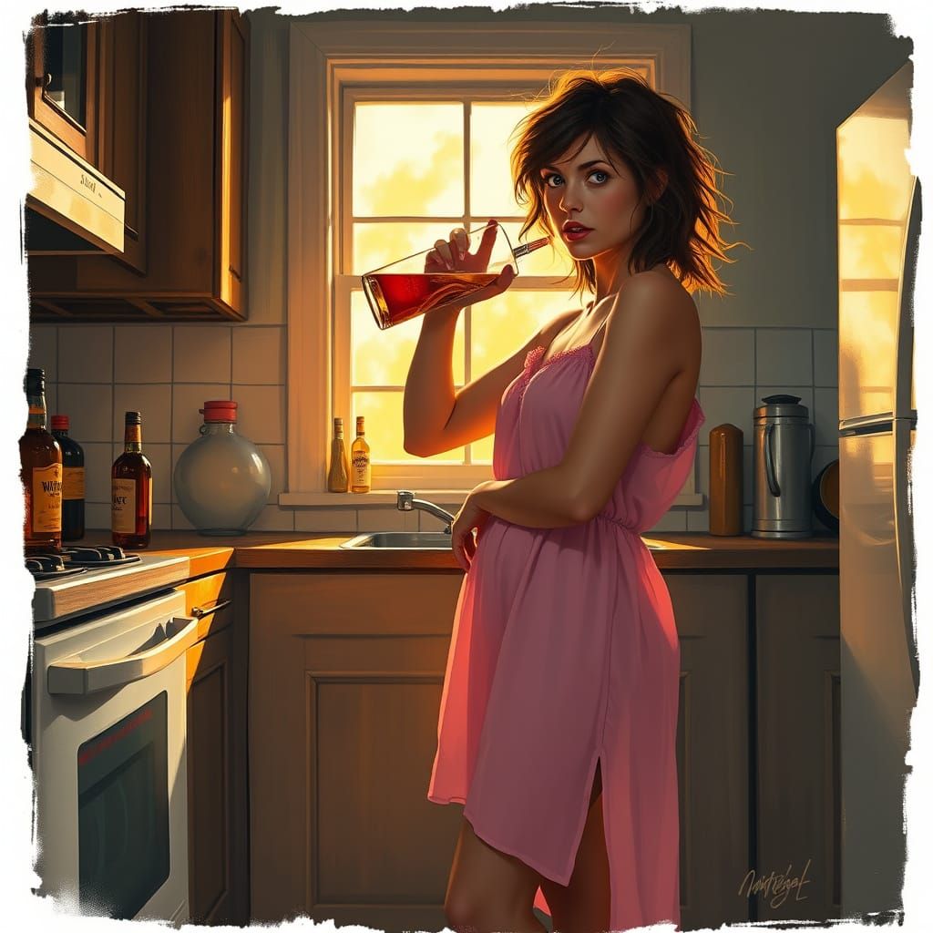 Woman Guzzling Whiskey: German Expressionist Style