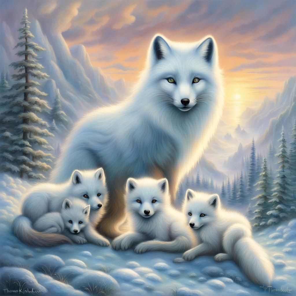 Arctic Fox Family in Ethereal Fantasy Landscape