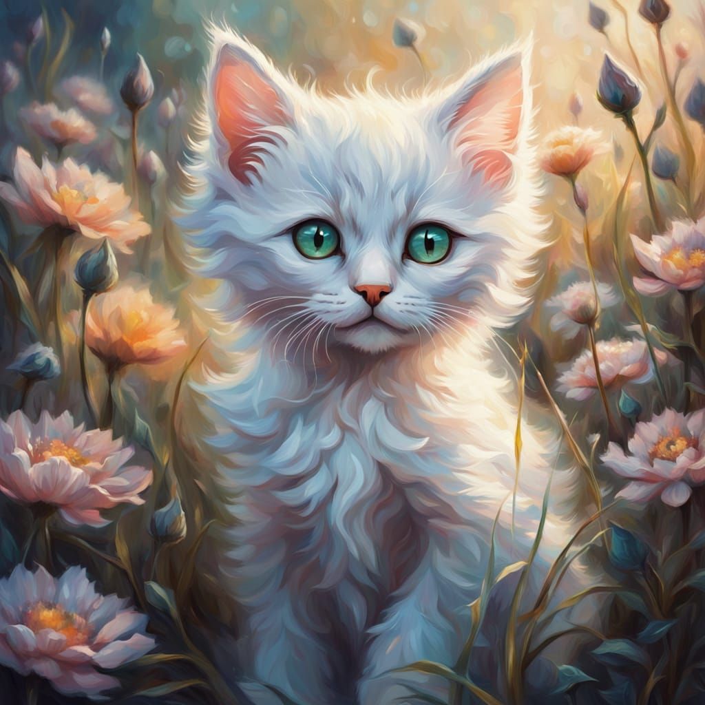 Fluffy Kitten in Bioluminescent Flower Field