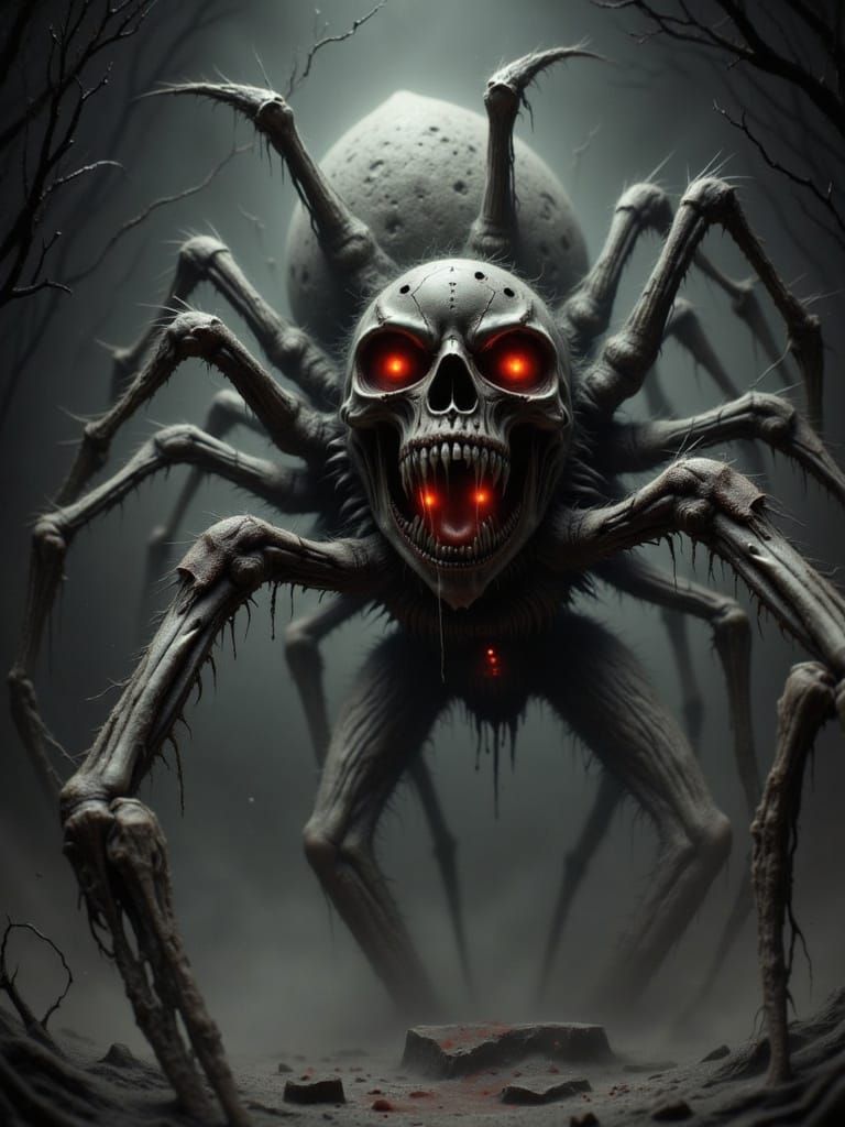 Terrifying Spider-Human Skeleton with Red Eyes in Gothic Hor...