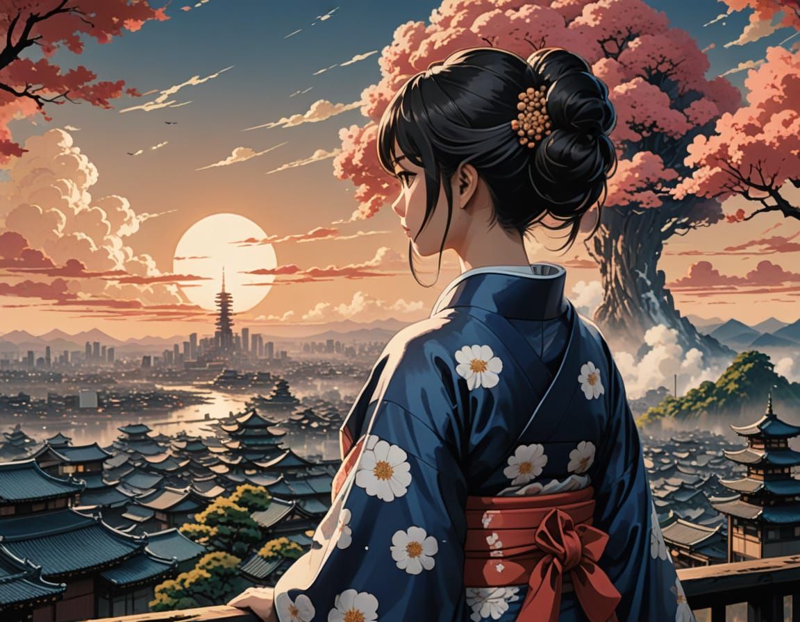 Hyper-Realistic Anime Cityscape with Elaborate Kimono
