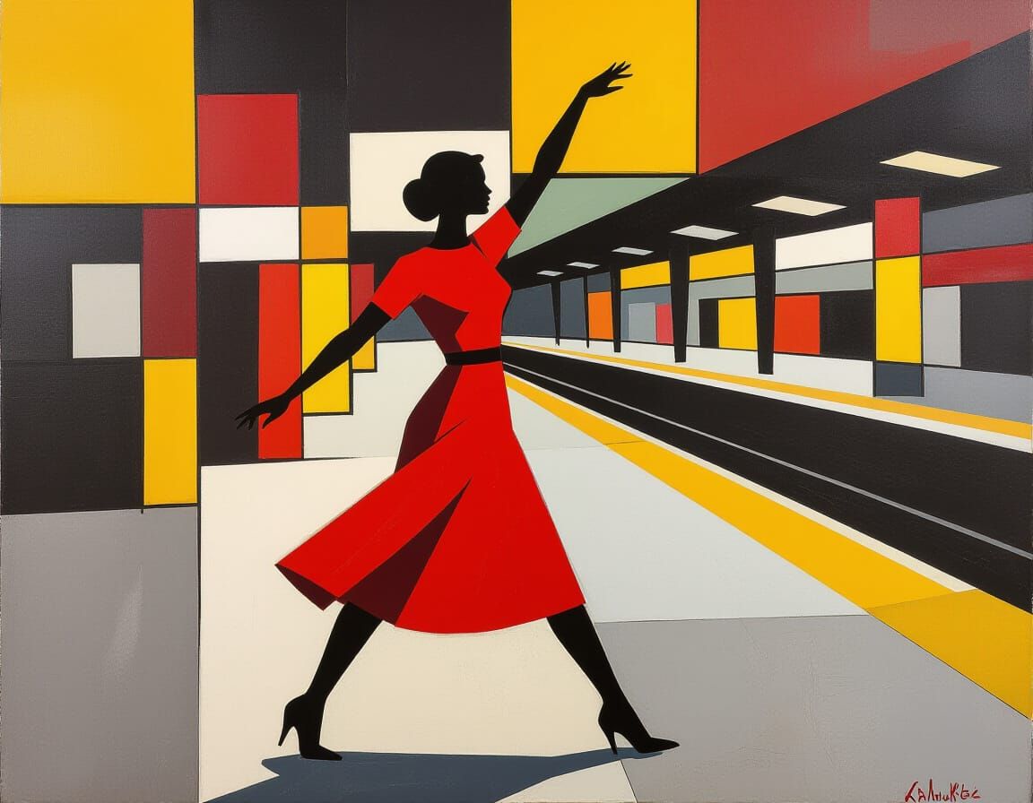 Abstract Expressionist Silhouette of Woman in Red Dress