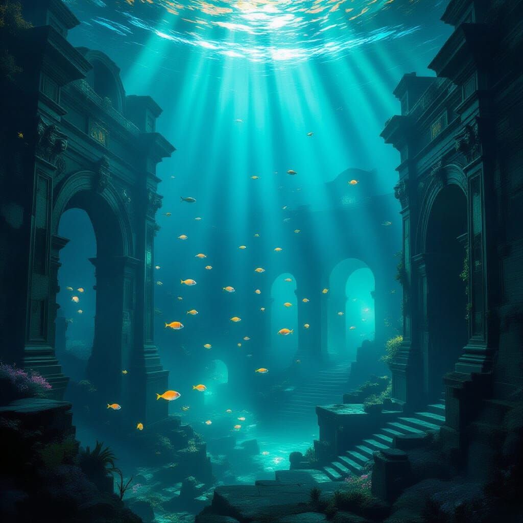 Submerged City with Bioluminescent Flora in Baroque Style