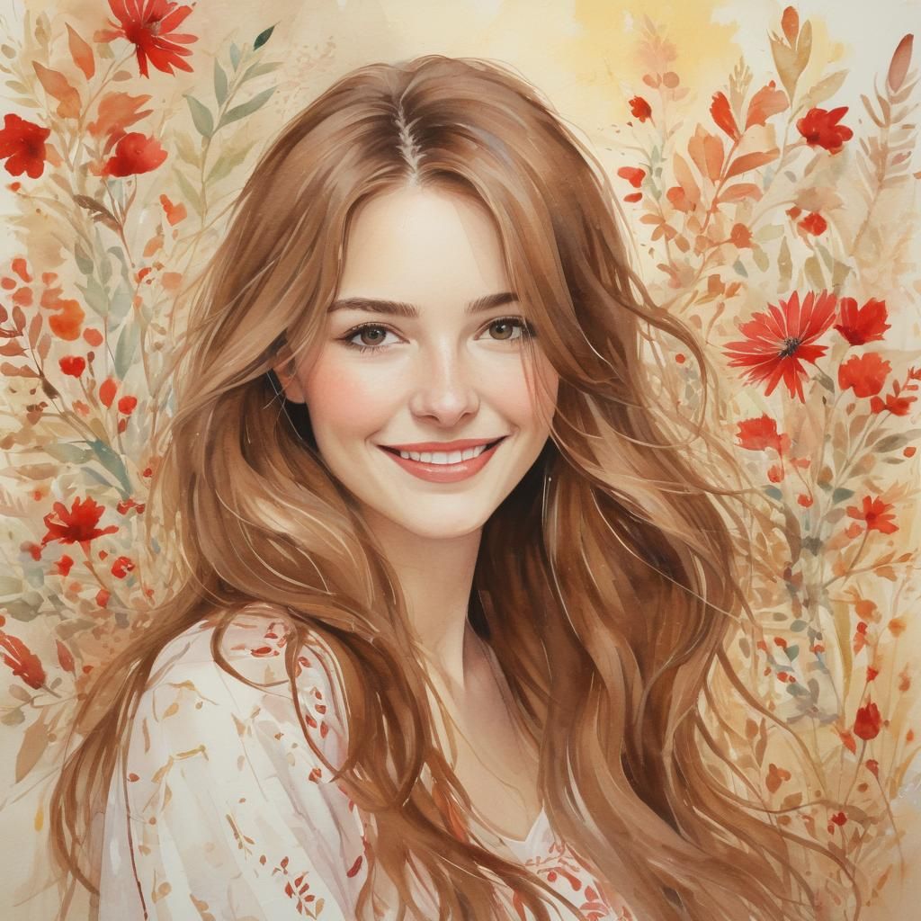 Impressionist Watercolor Portrait of a Smiling Woman