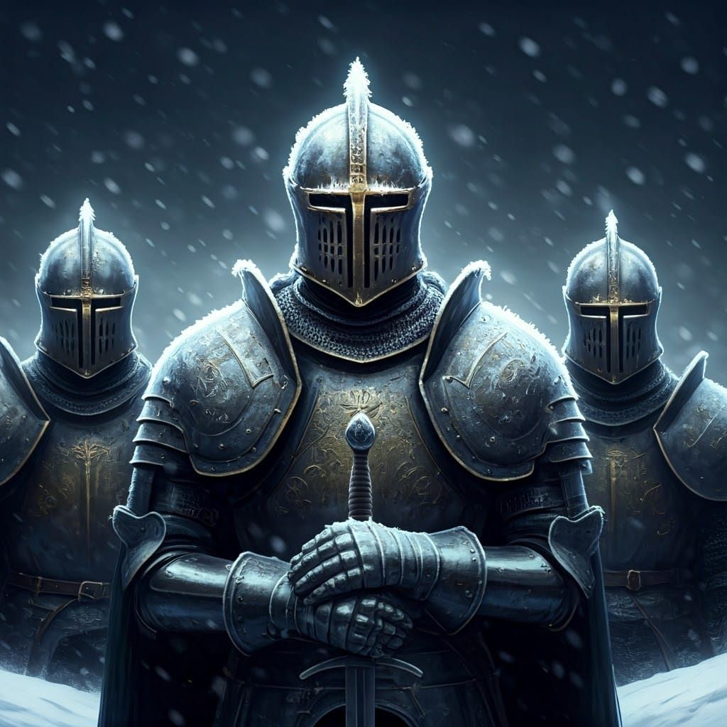 Regal Knights in Frosty Armor Stand at Attention in Snowy Fi...