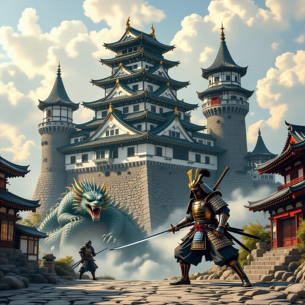 Gothic Castle Battle: Dragon vs Samurai Warrior