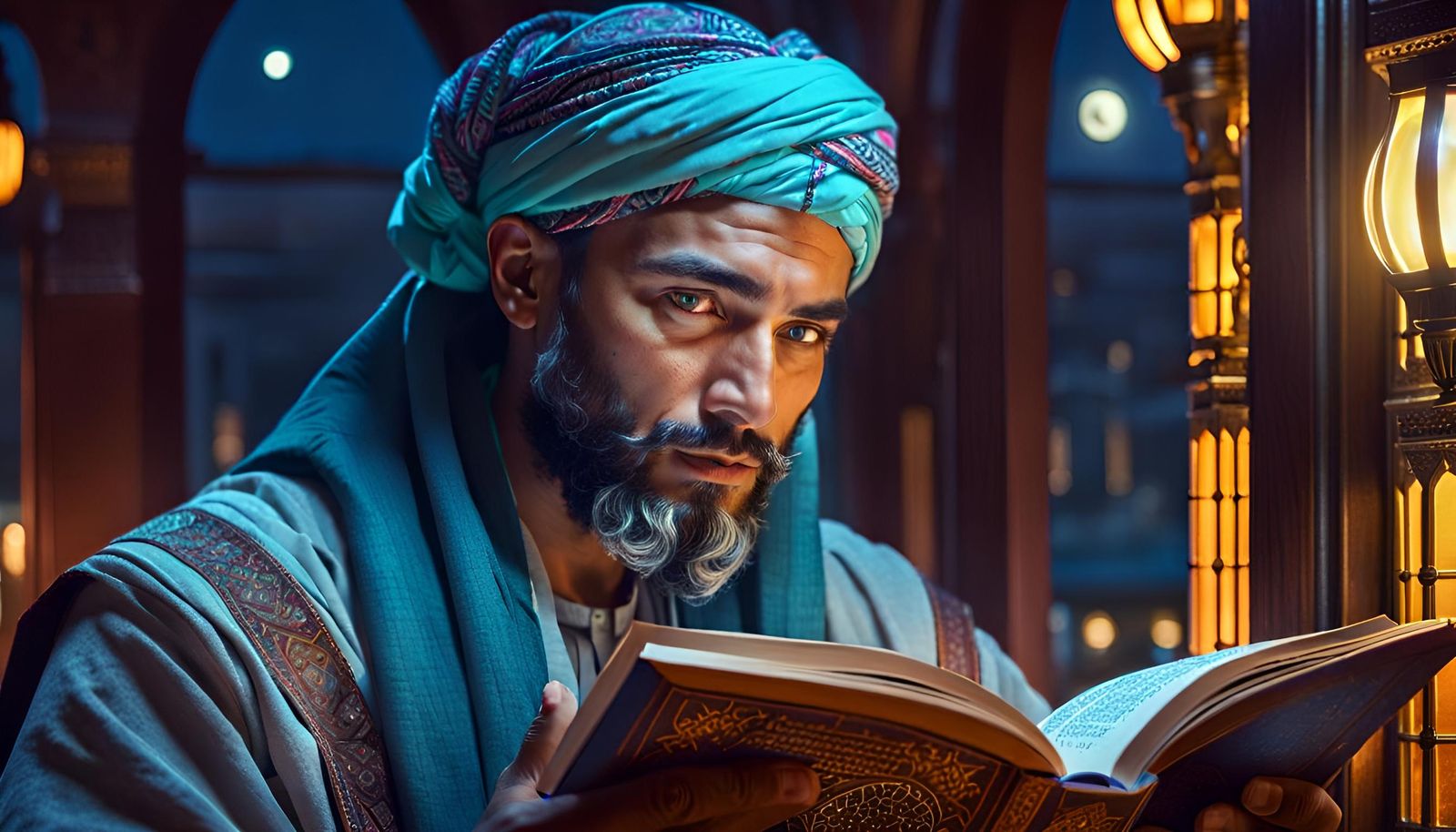 Medieval Arabic Scholar Reading in Neon Library