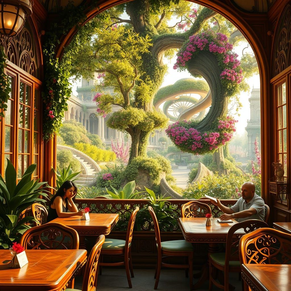 Whimsical Cafe Scene with Upside-Down Garden in Dreamlike Gl...