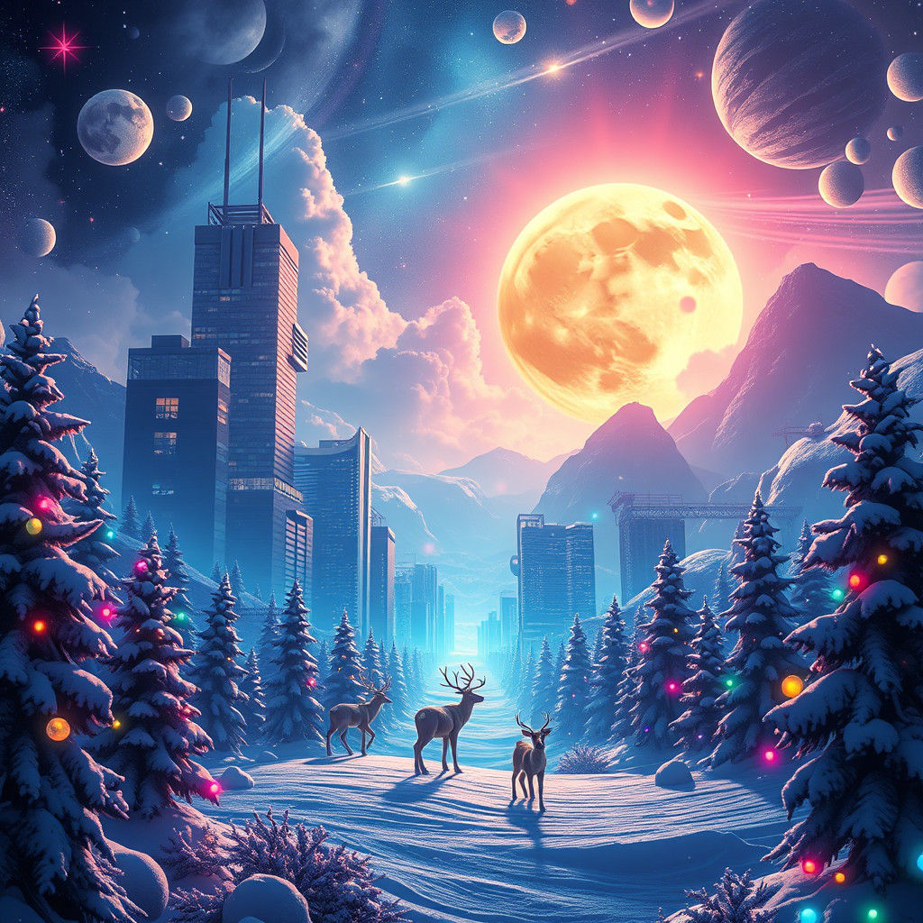 Cosmic Christmas: Skyscrapers and Reindeer in Anime Style