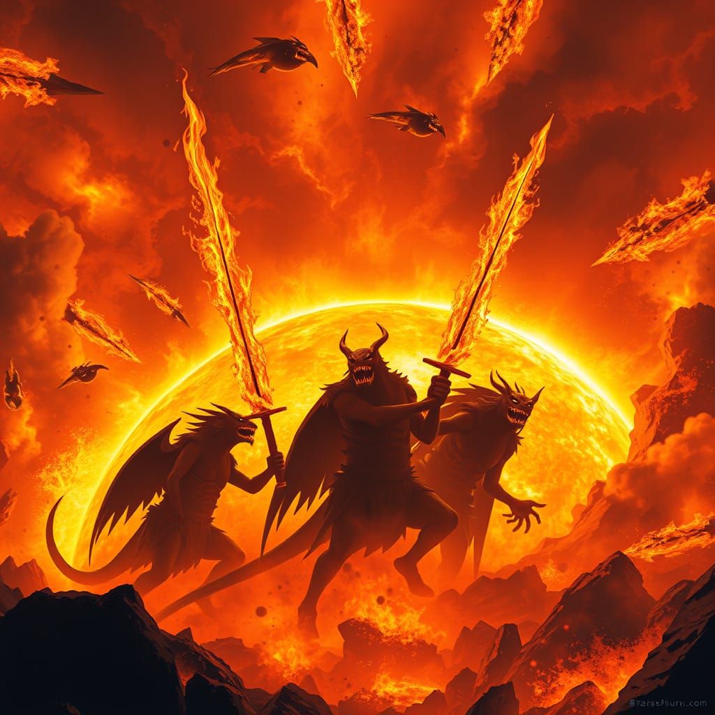 Majestic Balrogs Emerge from Solar Inferno in Cyberpunk Aest...