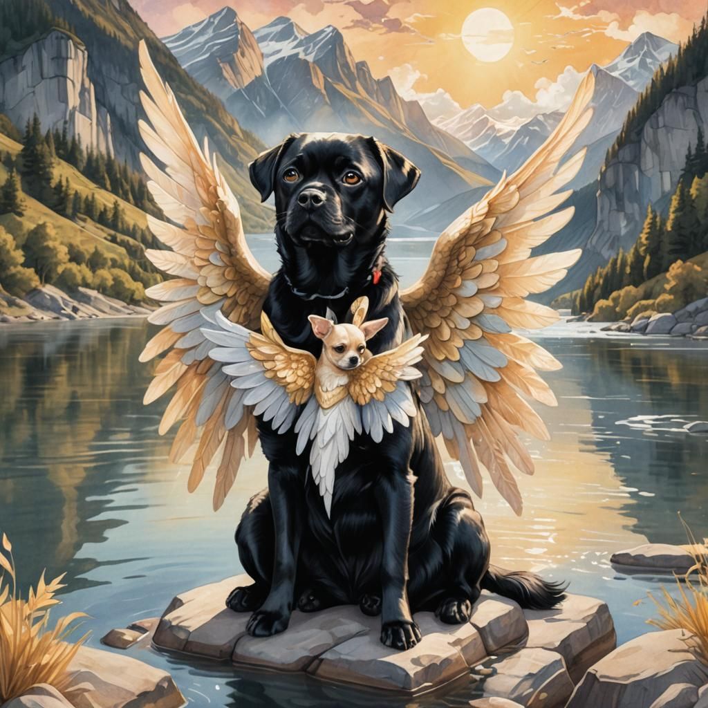 Angelic Canines: A Surreal Celestial Illustration