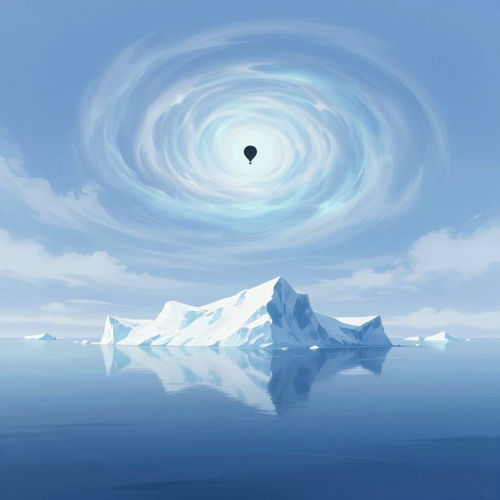 Icy Ocean Under Glowing Sky Vortex with Hot Air Balloon