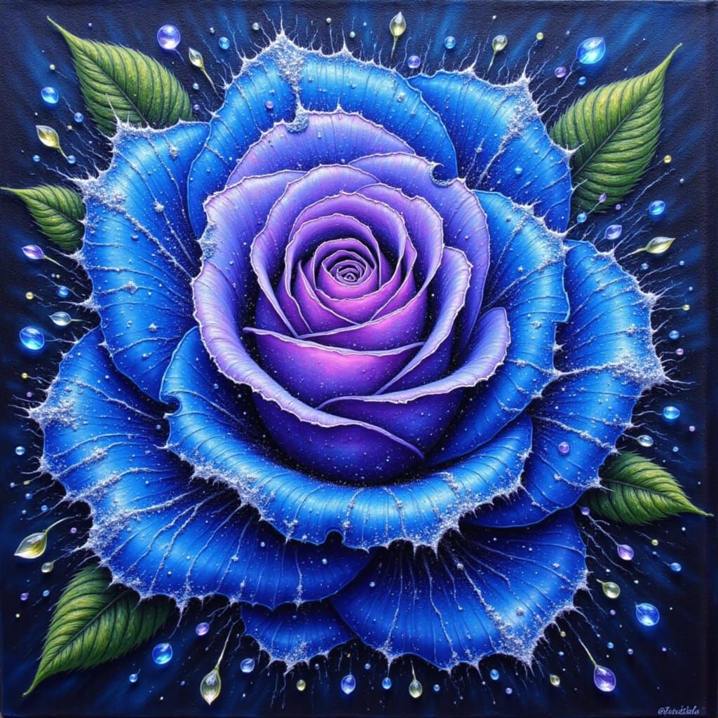 Sparkling Blue Rose, Neo-Impressionist Oil Painting