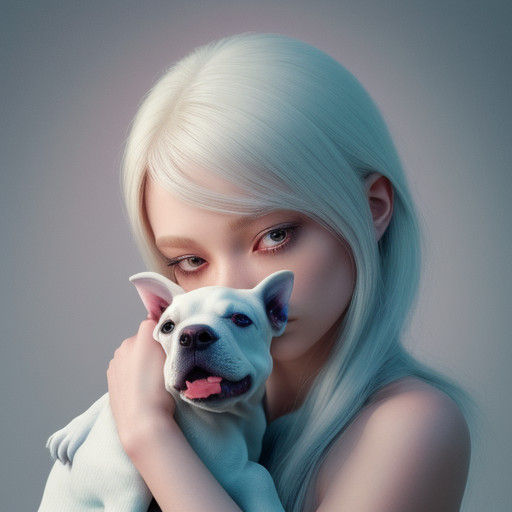 Girl Cradling Albino Doberman Puppy in Soft Focus Digital Ar...