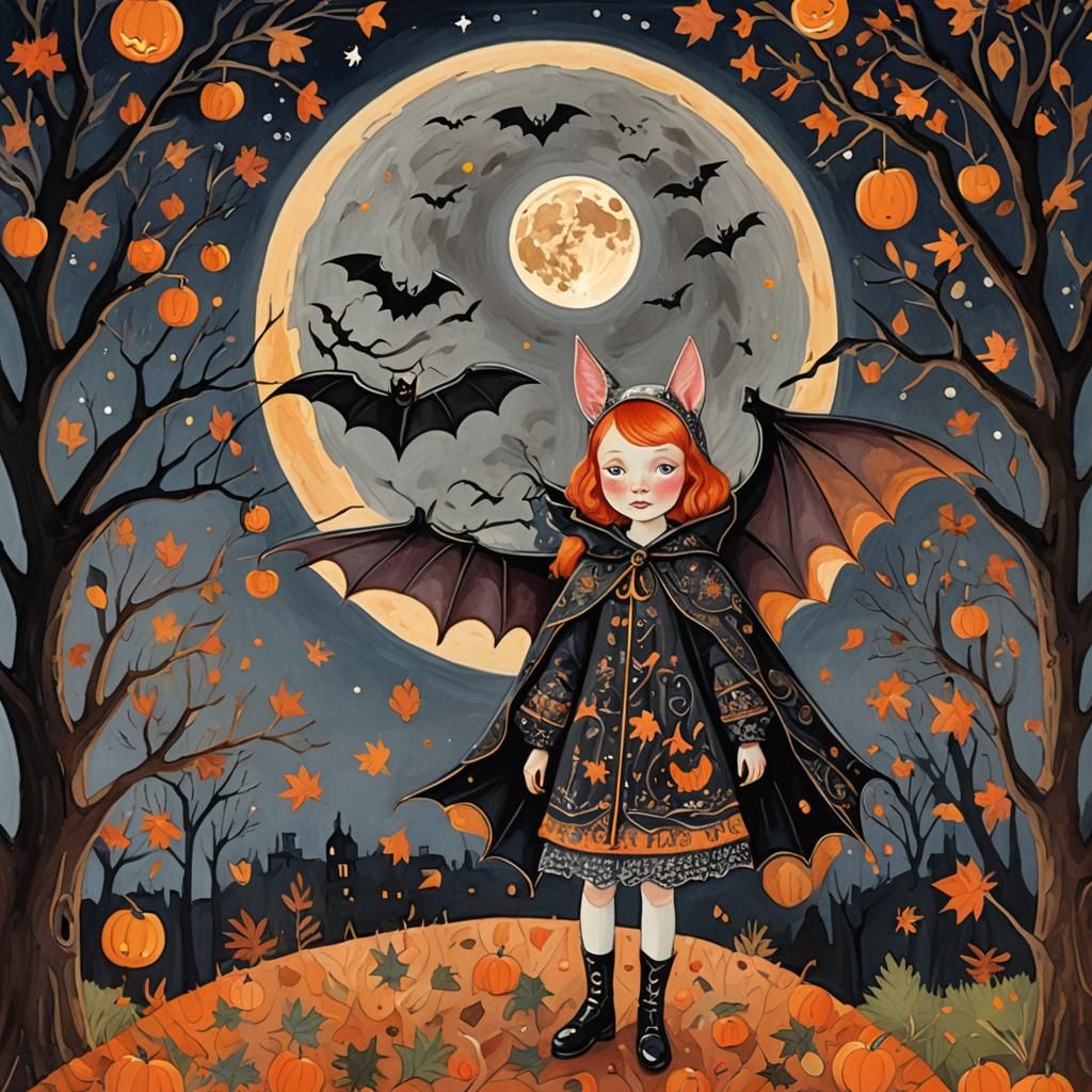 Bat Costume Girl in Folk Art Gouache Painting