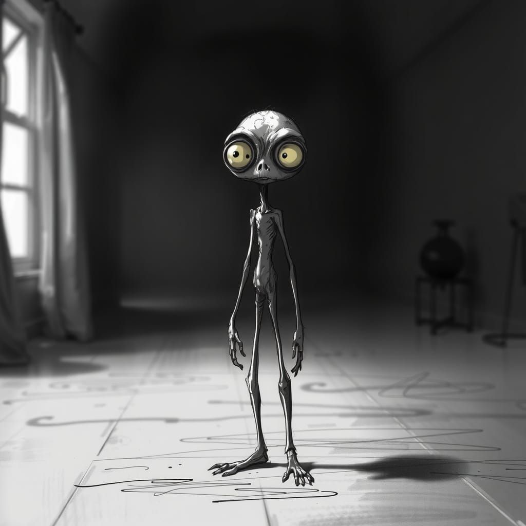 Somber Stick Figure with Large Eyes in Stark Room