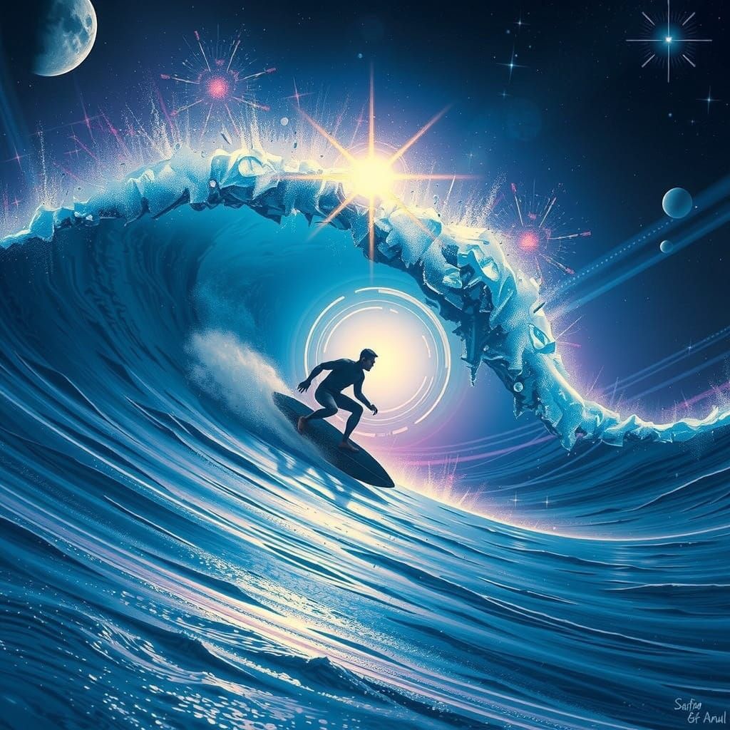 Surfer Ascends Cosmic Wave in Futuristic Style