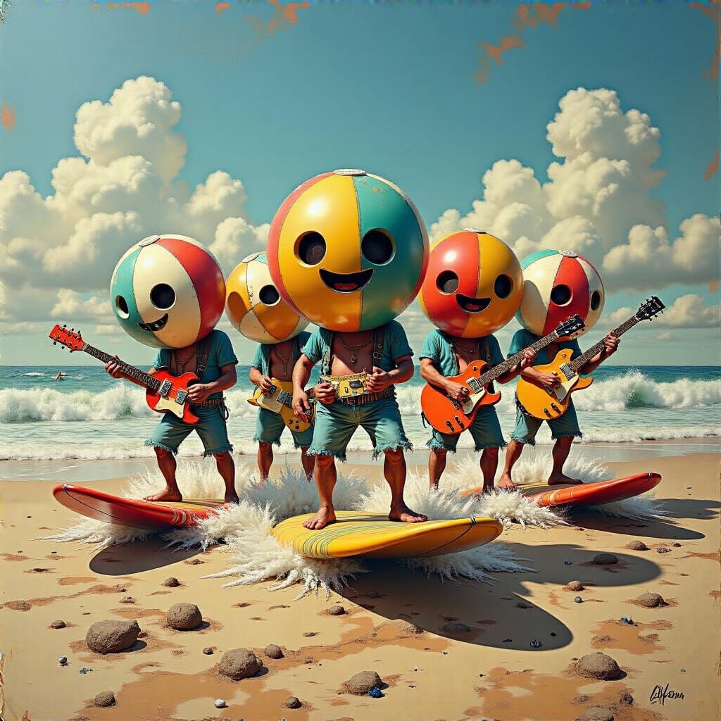 Anthropomorphic Beach Balls Surfing in 60s Rock Band Style