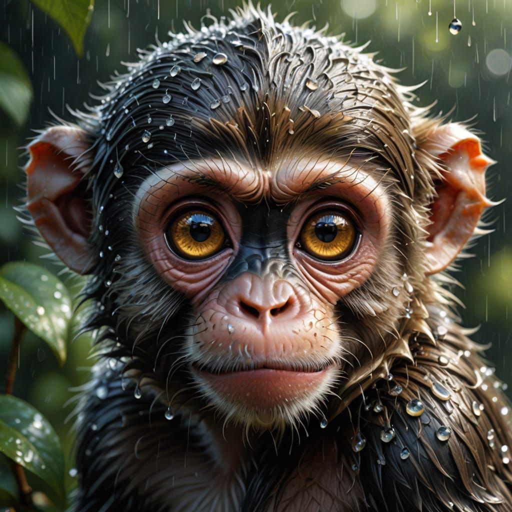 Hyper-Realistic Chibi Monkey in Golden Rain