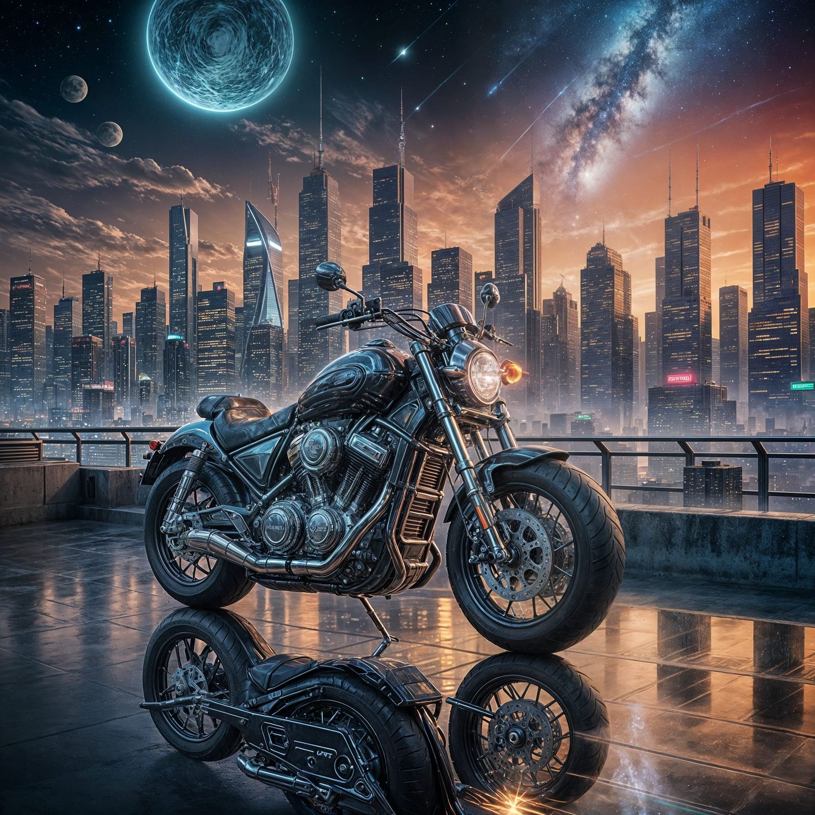 Futuristic Cityscape Motorcycle Tank in Airbrush Art