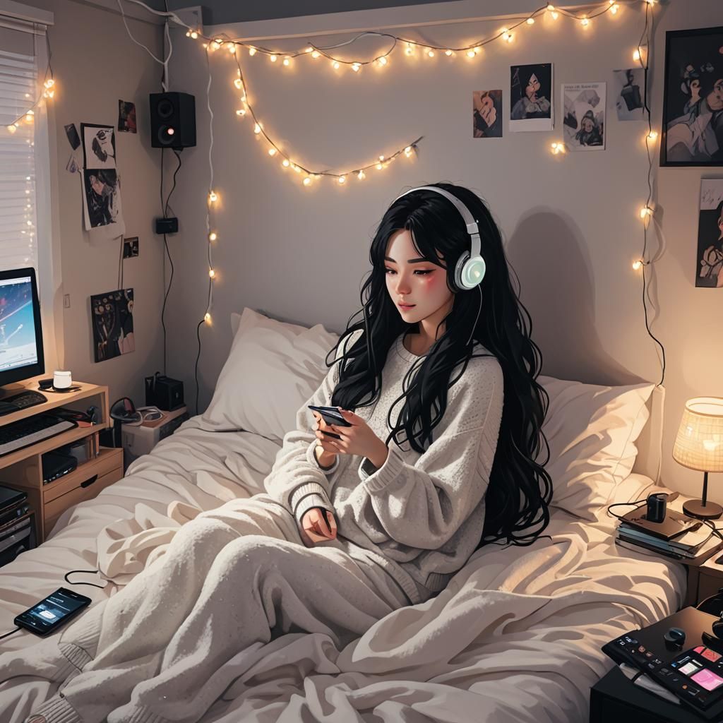 Relaxing Woman in Neon Anime-Style Bedroom