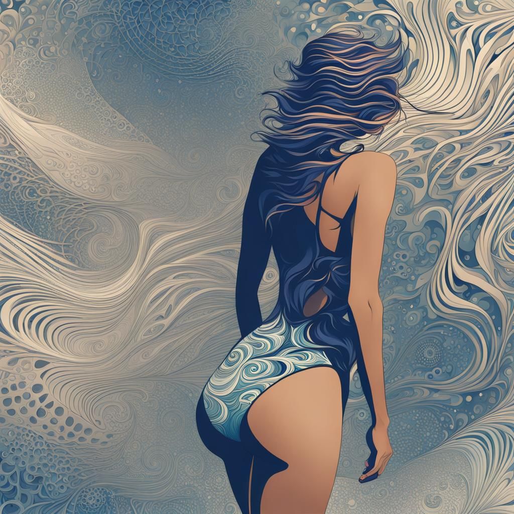 Attractive Woman in Swimsuit with Abstract Fractal Elements