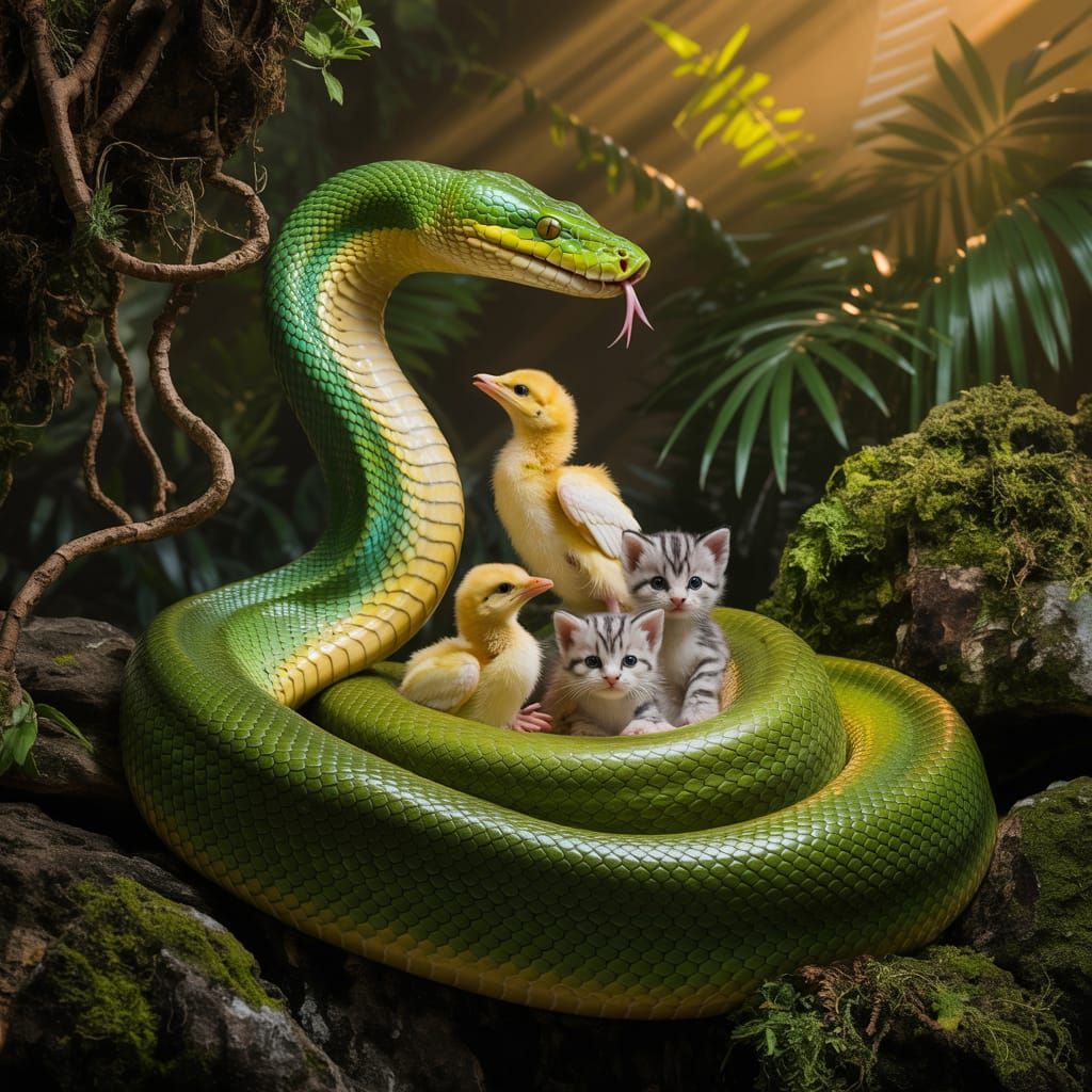 Surreal Python Births Chicks and Kittens in Rainforest