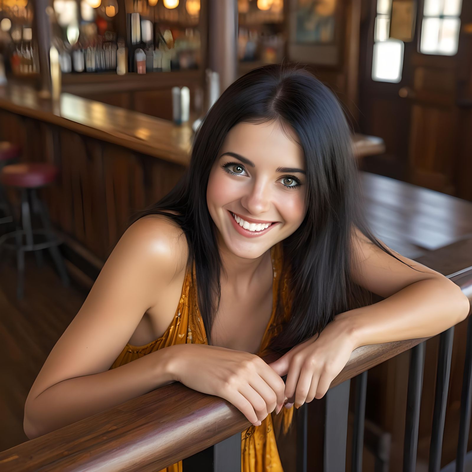 Excited Woman with Shiny Hair at Prairie Bar