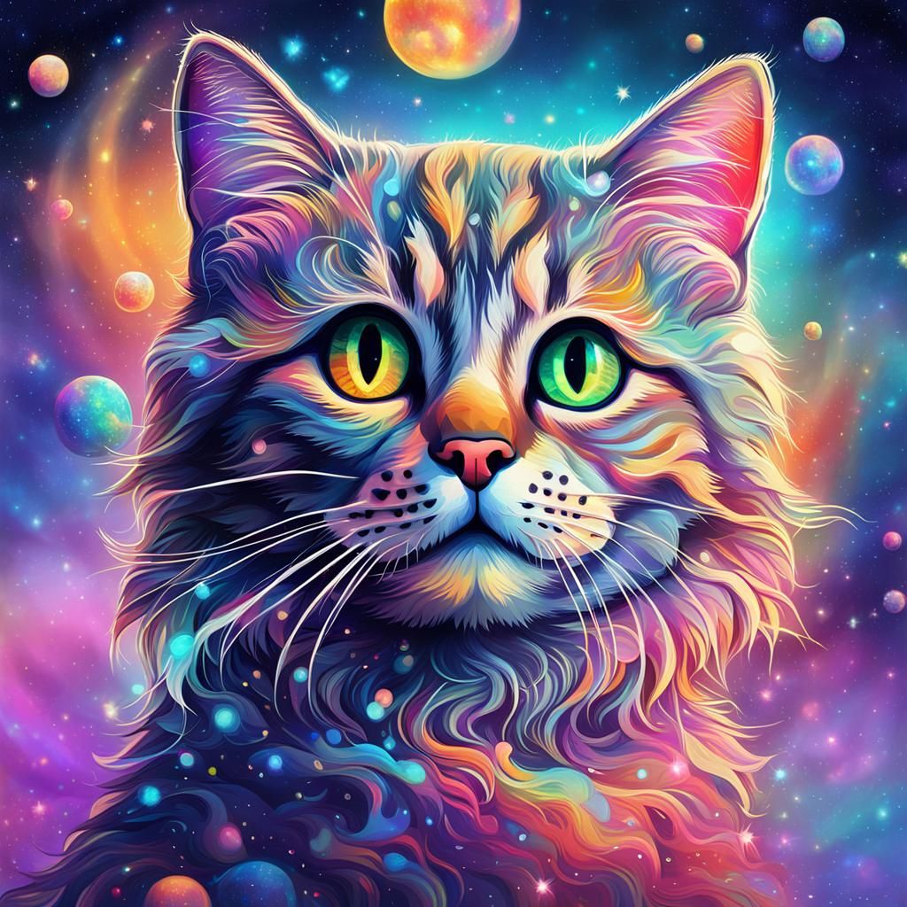 Holographic Cosmic Cat Illustration in Pablo Amaringo Style