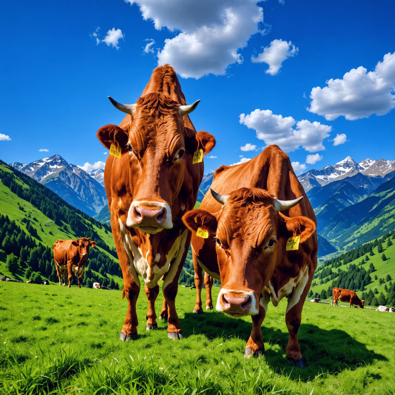 Cows Grazing in Mountains, Hyperrealistic HDR Image
