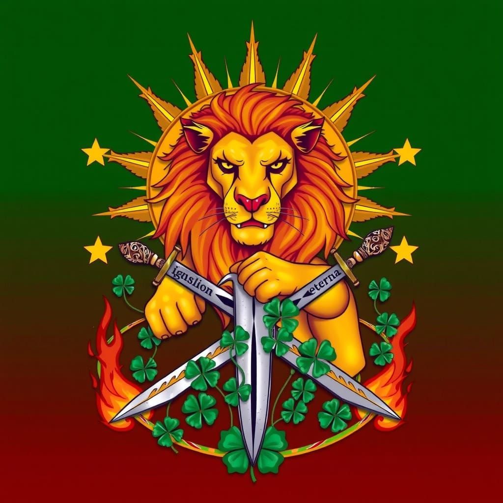 Regal Family Crest with Golden Lion and Rising Sun in Celtic...