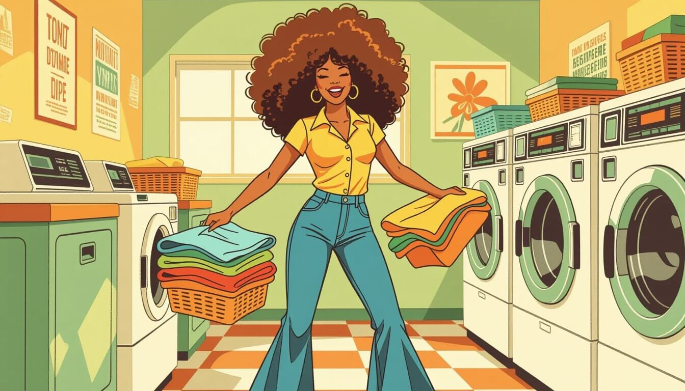 1970s Big Hair Woman Folds Laundry in Retro Room