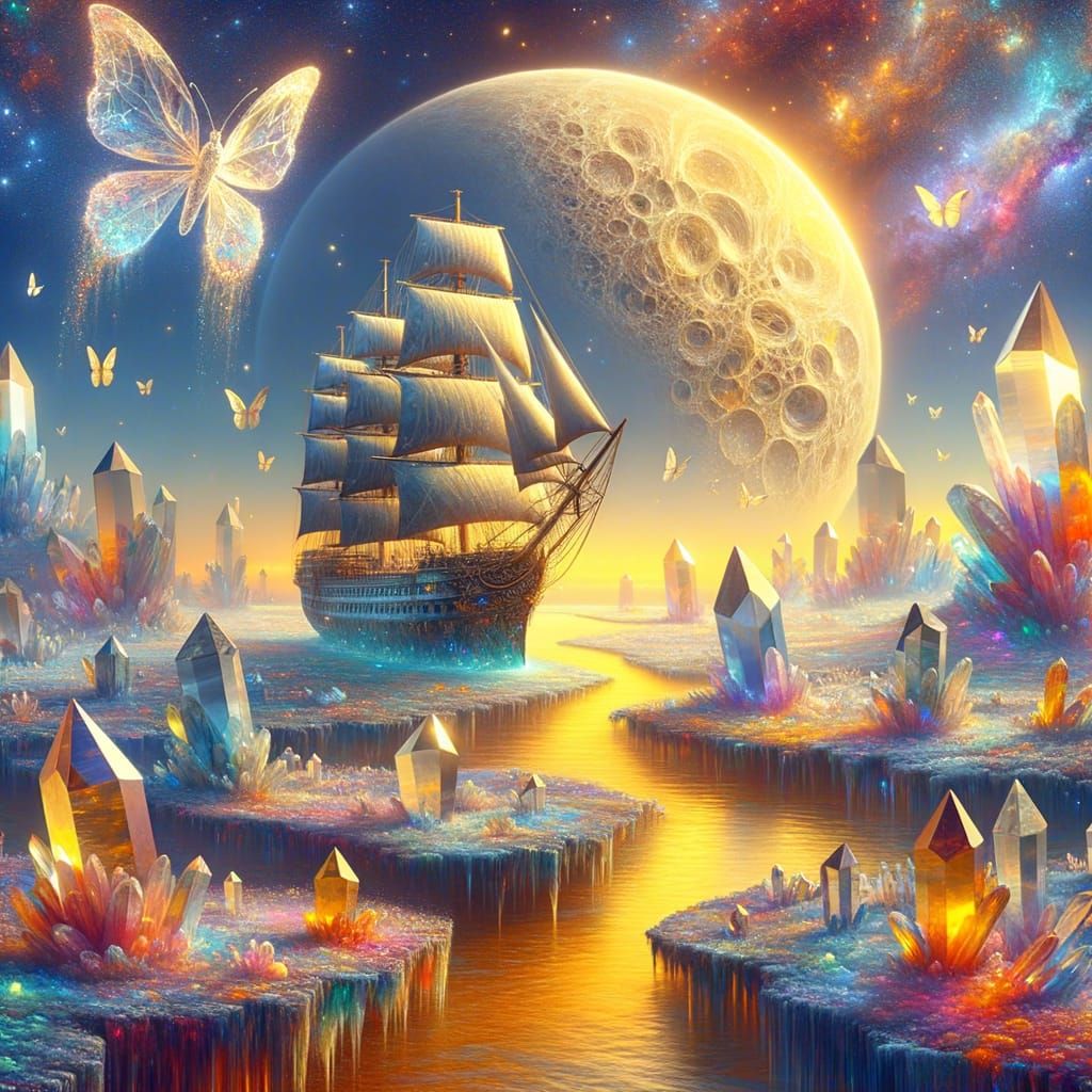 Crystal Clipper Ship in Surreal Dreamscape as Oil Painting