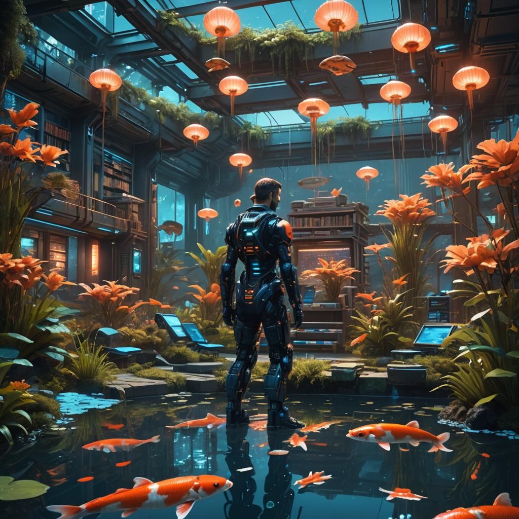Futuristic Garden: Robotic Librarians in Cyberpunk Style