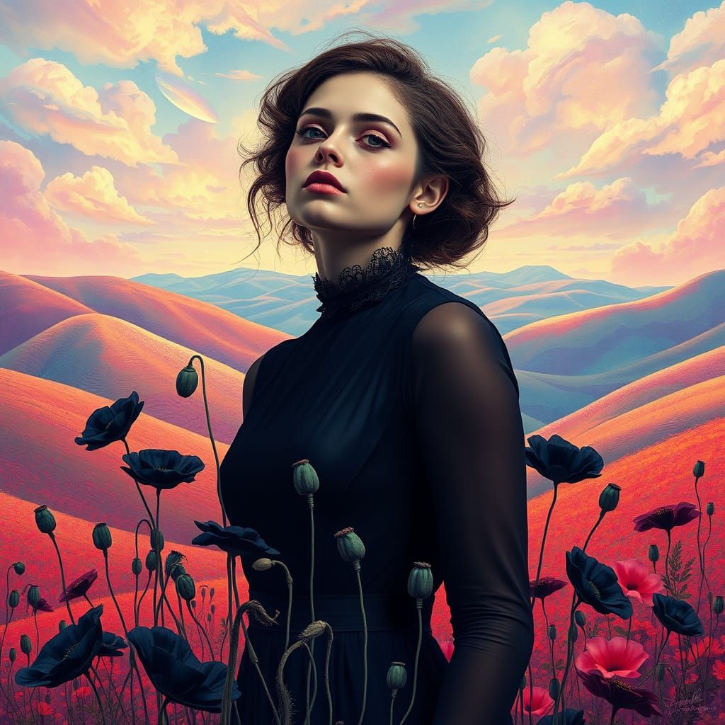 Surreal Woman Surrounded by Black Poppies in Dreamscape