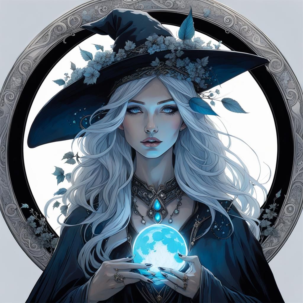 Forest Witch with Moonflower and Blue Eyes