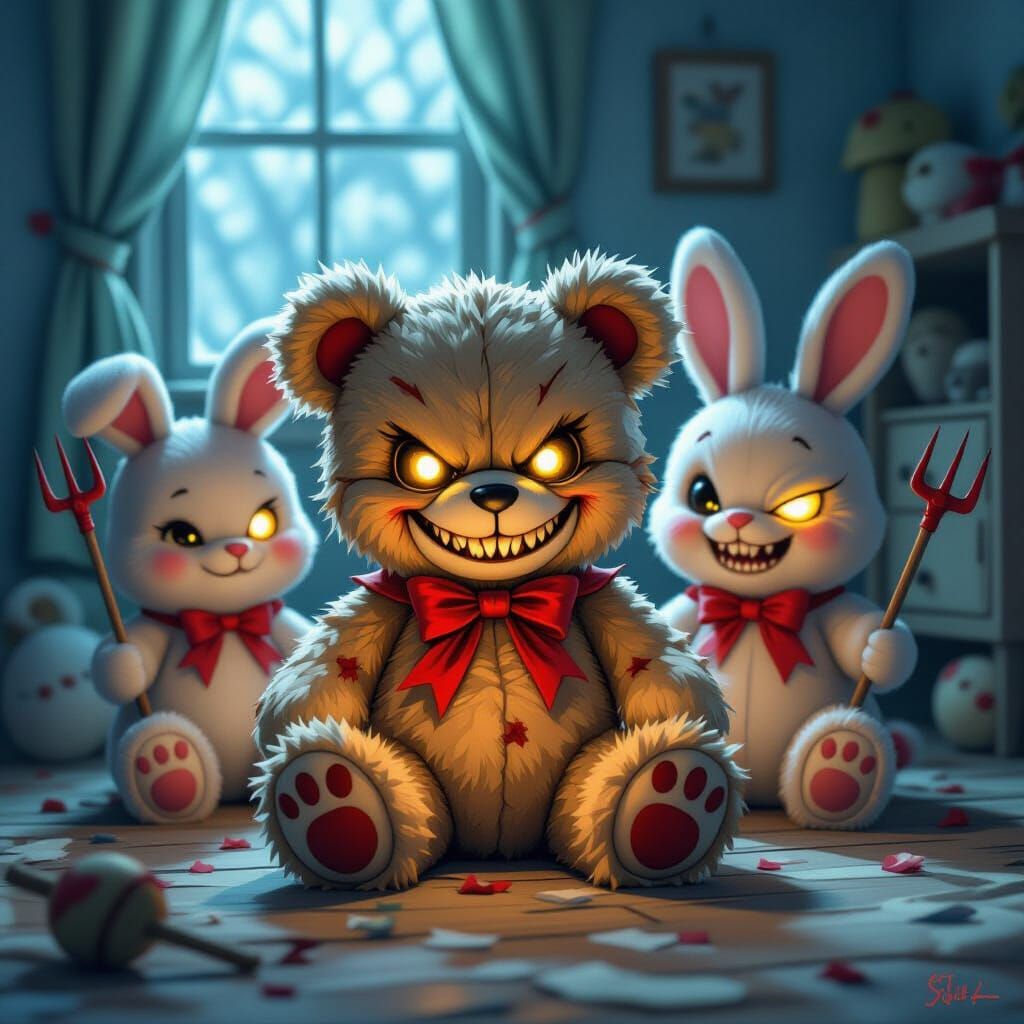 Mischievous Plush Villains Plotting in Shadows