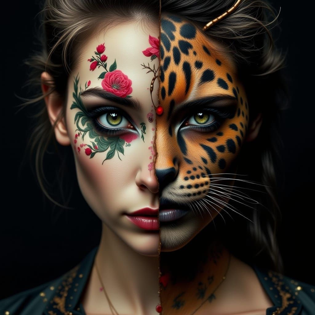Duality Portrait: Woman and Feline Face with Floral Tattoos