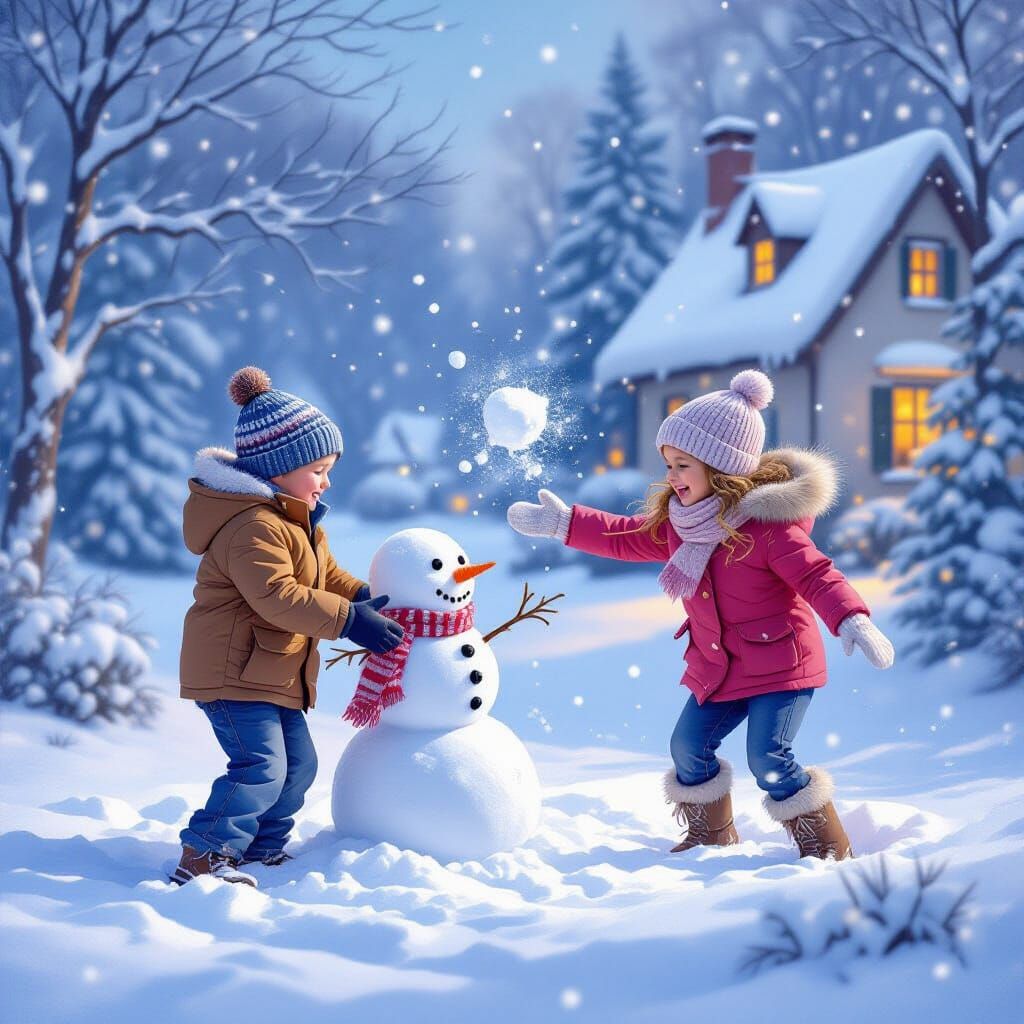 Brother and Sister Play in Snowy Winter Wonderland