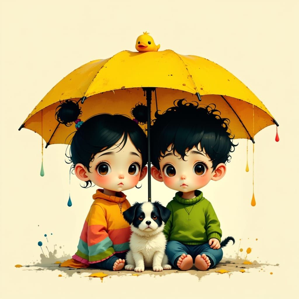 Two Children and Puppy Under a Duck Umbrella