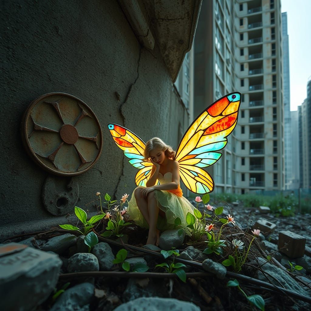 Luminous Fairy Nurturing Flowers in Abandoned City