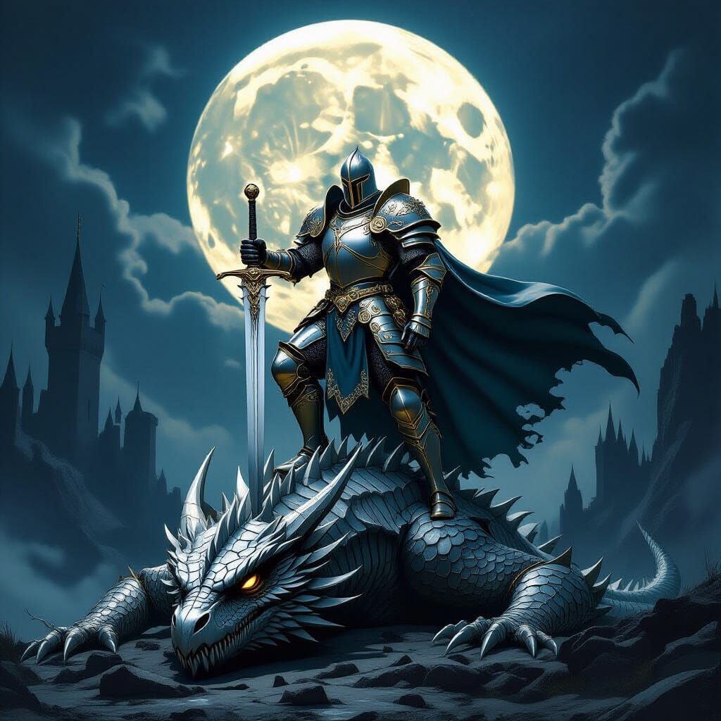 Heroic Knight Victorious Over Dragon in Medieval Landscape