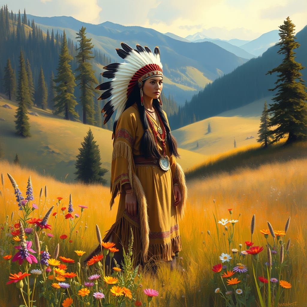 American Indian Woman in Wilderness, Golden Light