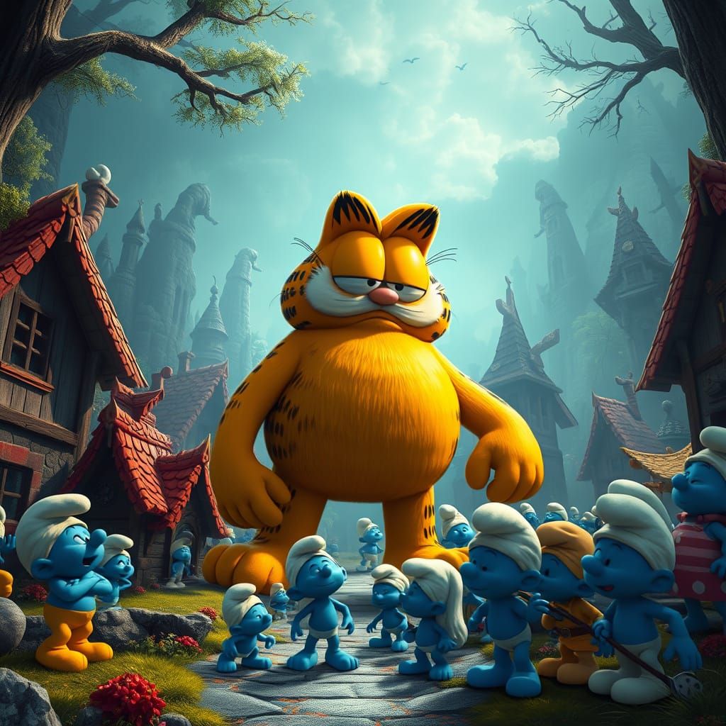Gargantuan Garfield Towers Over Smurf Village in Vibrant Con...
