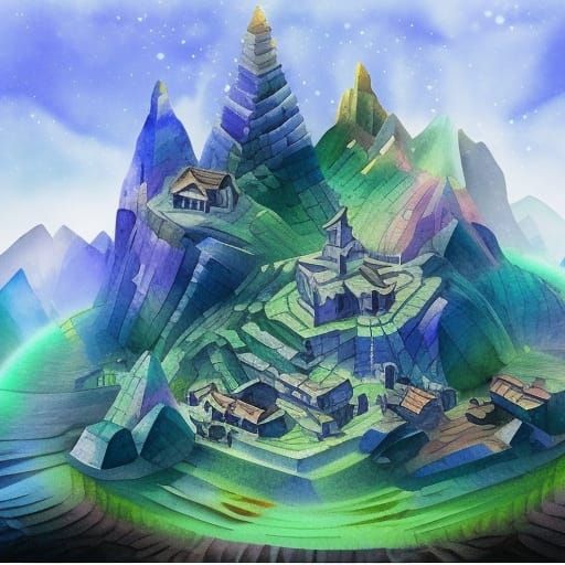 Crystal Sphere Village with Watercolor Splash Art