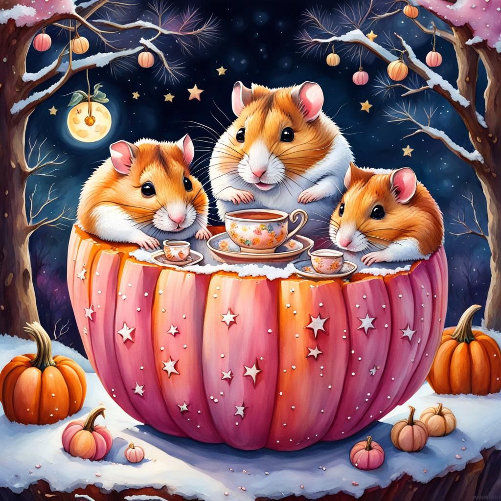 Hamsters' Pink Pumpkin Tea Party in Watercolor Style