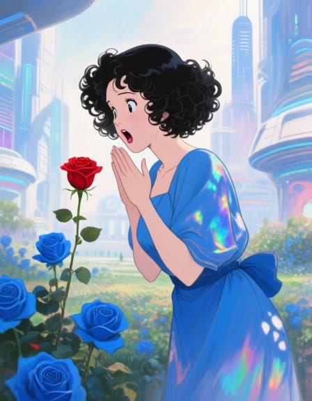 Sci-Fi Lady Admires Futuristic Blue Rose Garden