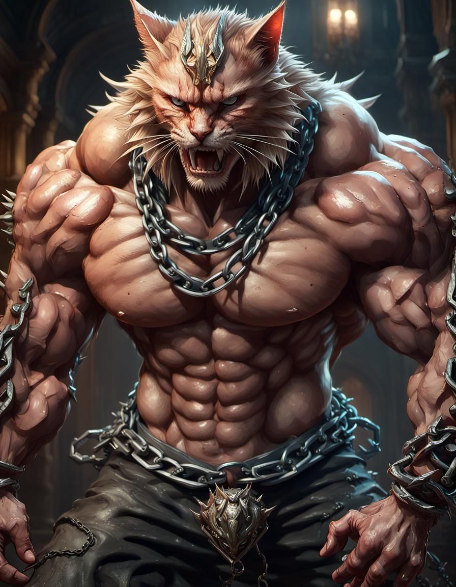 anthropomorphic cat man with massive muscular muscle ,8k resolution concept art with chains,spikes and huge claws
